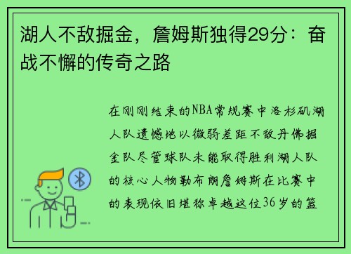 湖人不敌掘金，詹姆斯独得29分：奋战不懈的传奇之路